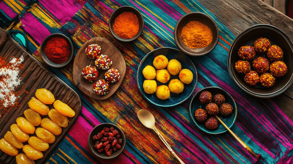 A selection of Mexican candy variations, including mango chamoy lollipops and spicy tamarind balls, on a festive striped cloth.