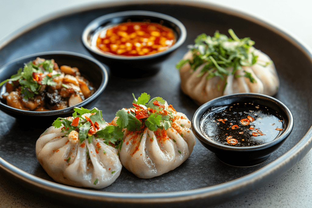 A complete vegan dinner spread with a bamboo steamer of soup dumplings, miso soup, cucumber salad, and sweet potato brownies on a wooden table.