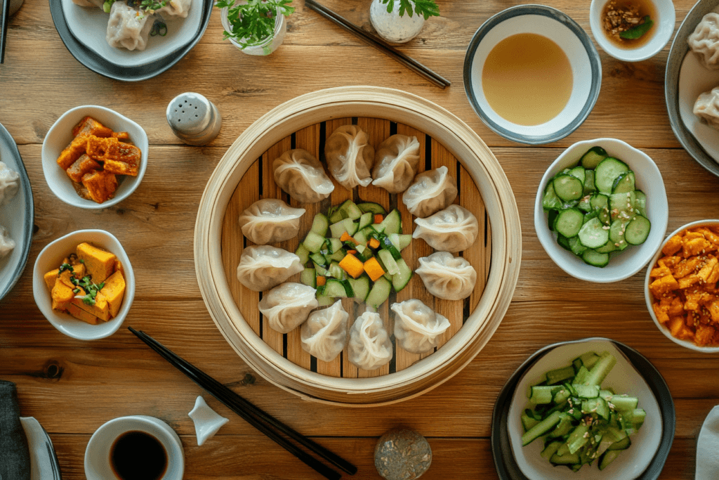 A bamboo steamer filled with freshly steamed vegan soup dumplings with visible pleats, accompanied by soy-vinegar dipping sauce and chopsticks.