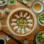 A bamboo steamer filled with freshly steamed vegan soup dumplings with visible pleats, accompanied by soy-vinegar dipping sauce and chopsticks.