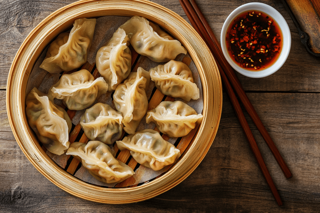 A shallow dish of golden broth jelly being diced into cubes, surrounded by fresh ingredients like scallions and soy sauce for making vegan soup dumplings.