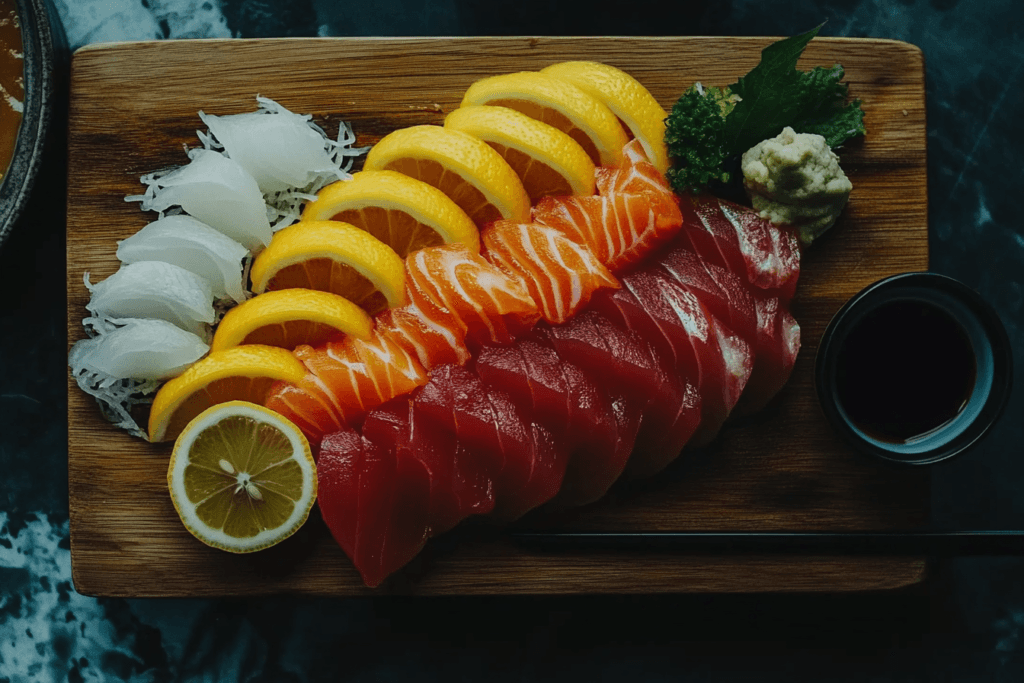 Nigiri sushi with salmon, tuna, and shrimp on a plate with soy sauce and chopsticks.