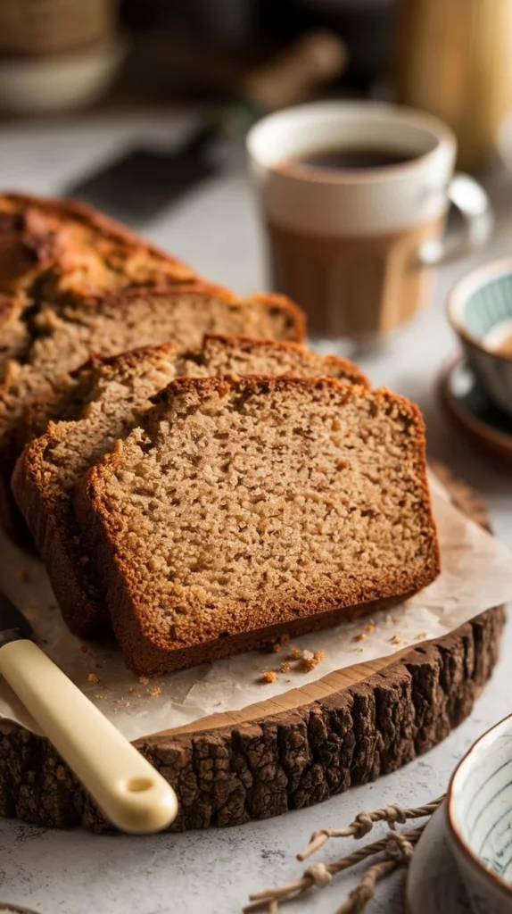 Slices of freshly baked banana bread served on a rustic cutting board with a cup of coffee, ready to enjoy."