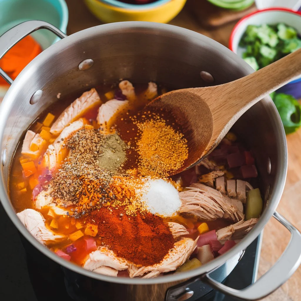 Sautéing chicken breast in a pan with taco seasoning, ready to be added to the Chicken Taco Soup Frios.