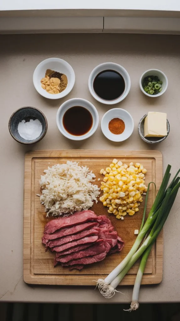 Flat-lay of ingredients for Pepper Lunch Beef Pepper Rice, including sliced beef, rice, corn, butter, soy sauce, black pepper, and green onions on a wooden board.