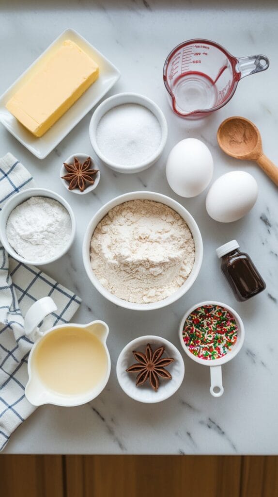 "Flat-lay of ingredients for Italian anise cookies, including butter, sugar, eggs, flour, baking powder, anise extract, and colorful sprinkles."