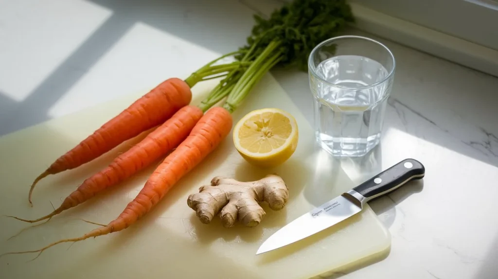 Ingredients for carrot juice, including fresh carrots, ginger, lemon, and a glass of water, arranged neatly on a cutting board.