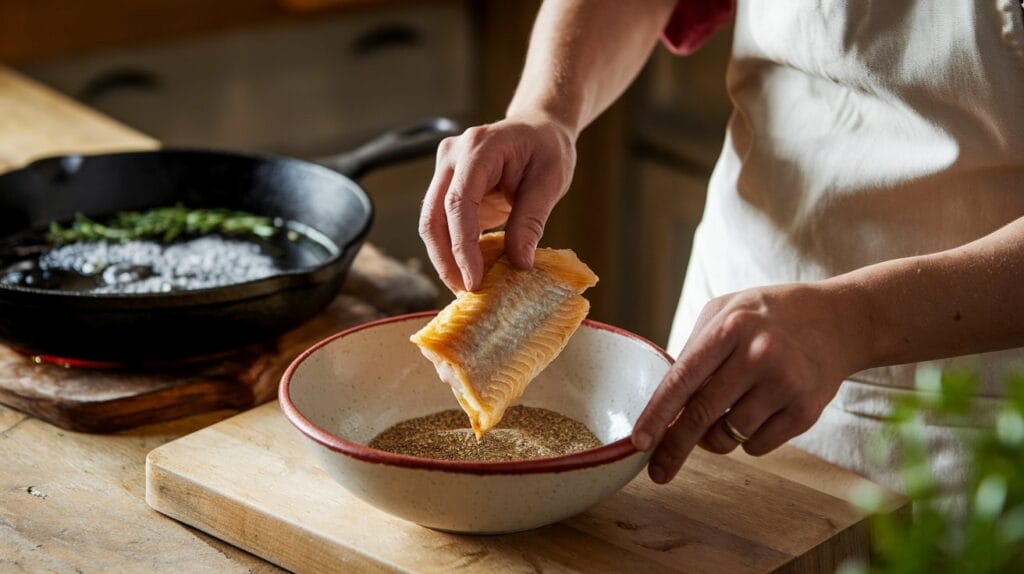 A home cook coating fish fillets with Hillbilly Fish Fry Seasoning mix, preparing them for frying in a cast iron skillet.