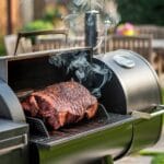 Juicy smoked brisket sliced on a wooden cutting board with BBQ sauce and garnishes.