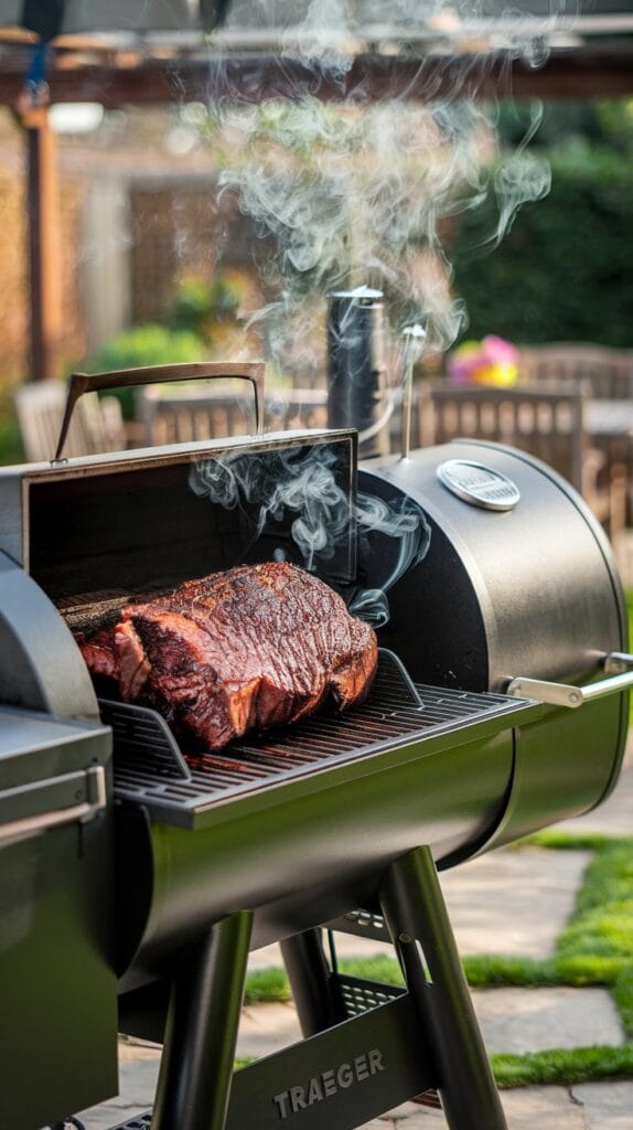 Juicy smoked brisket sliced on a wooden cutting board with BBQ sauce and garnishes.