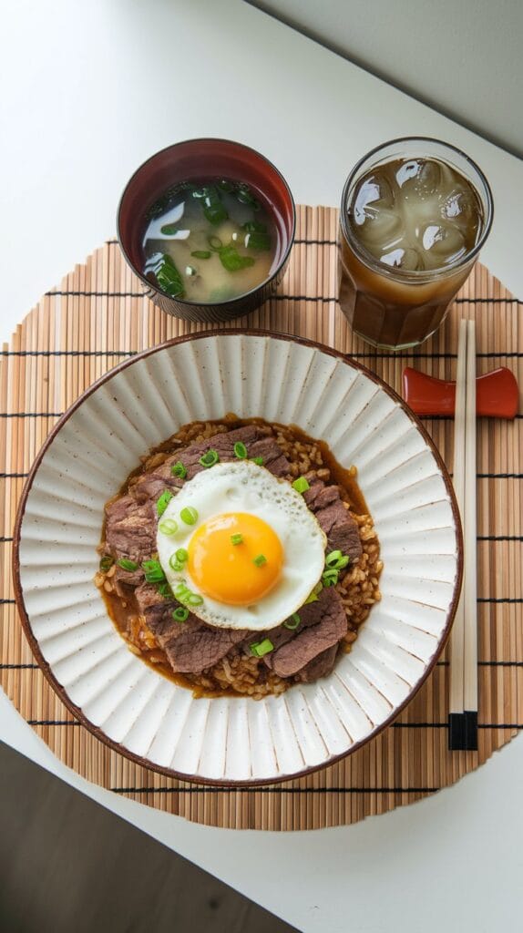 A beautifully plated Pepper Lunch Beef Pepper Rice dish with a fried egg on top, served with miso soup and iced green tea on a bamboo placemat.