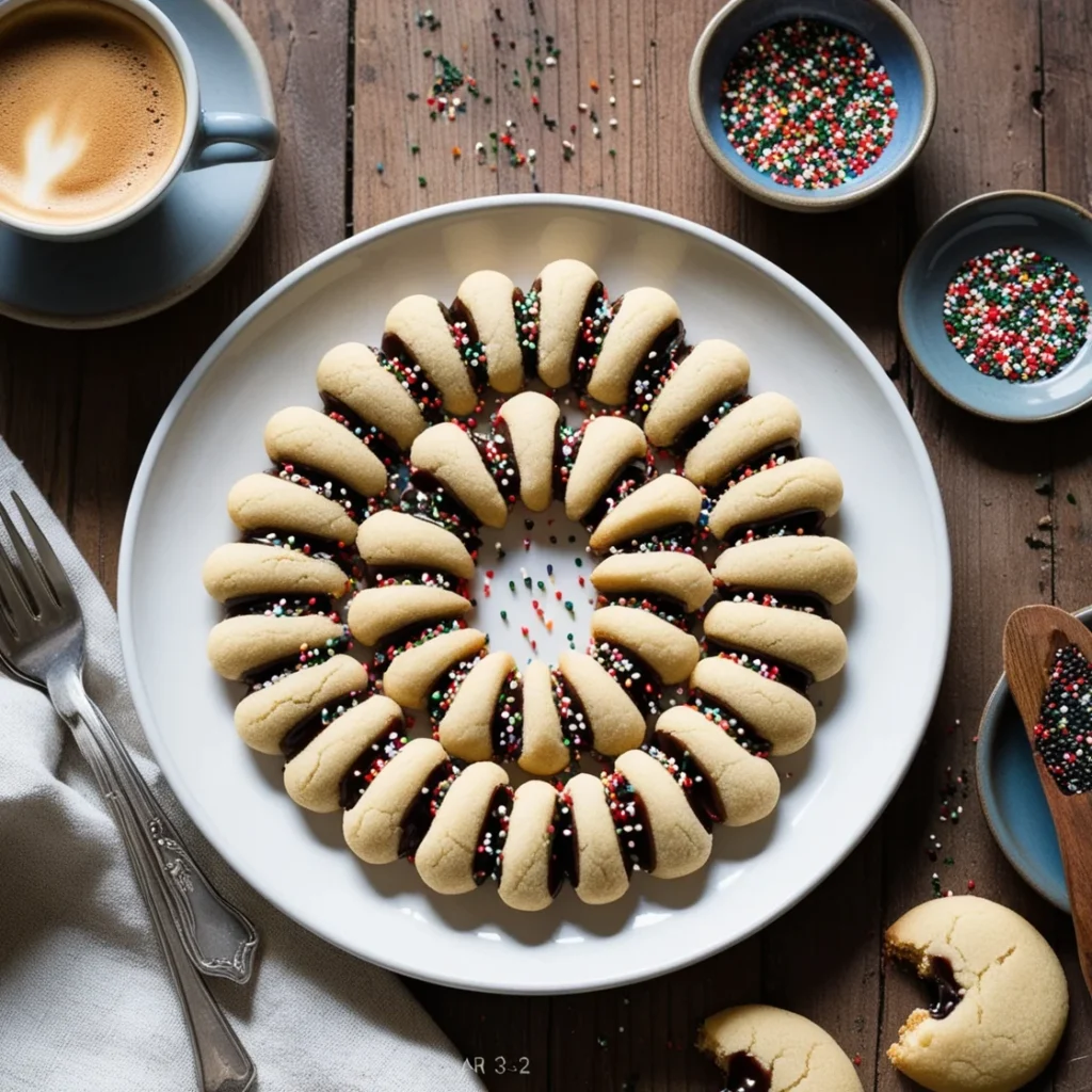 Freshly baked Italian anise cookies with glaze and colorful nonpareils, arranged on a tray with festive holiday decorations."1