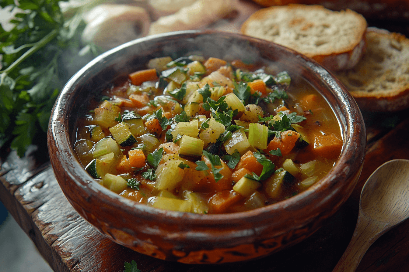 A vibrant bowl of vegetable soup with fresh carrots, celery, zucchini, and cabbage, garnished with parsley, served on a rustic wooden table.