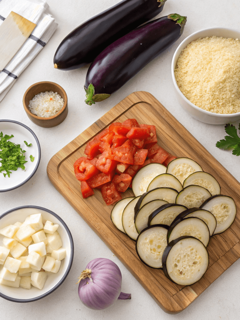 An unbaked eggplant casserole layered with roasted eggplant, tomato sauce, and cheese, ready for the oven.