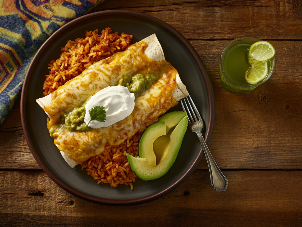 A plate of green chile enchiladas served with Mexican rice, refried beans, avocado slices, and a dollop of sour cream.