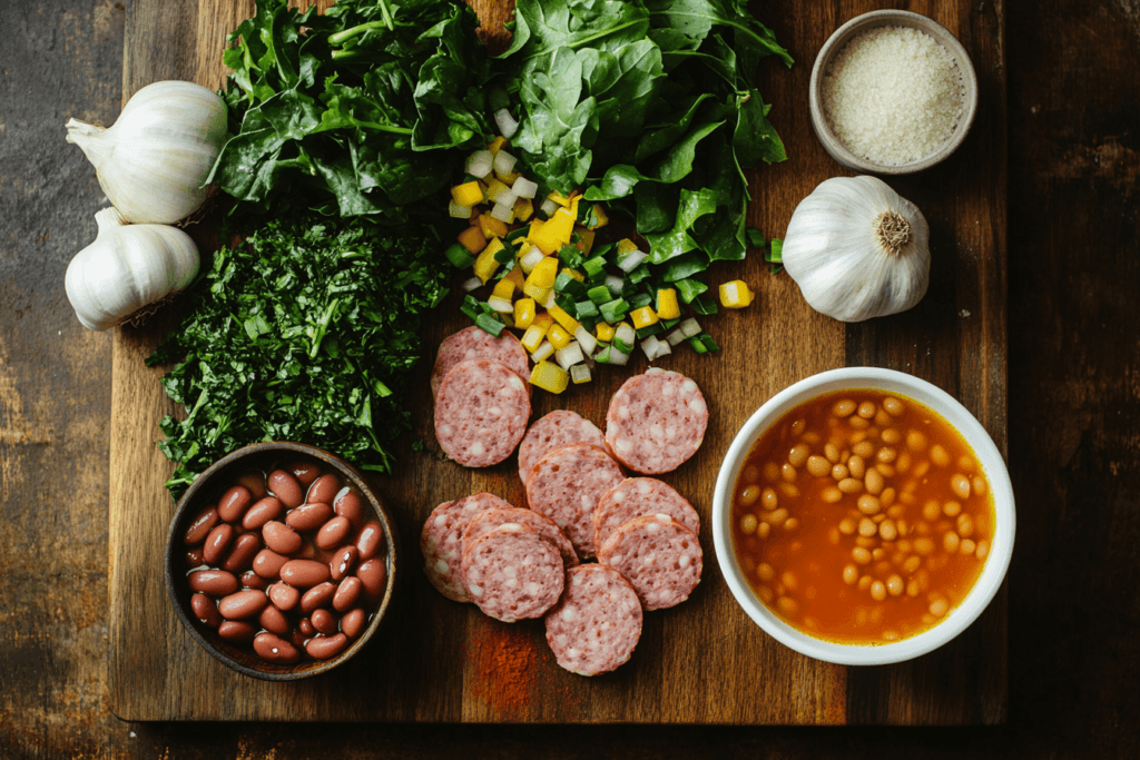 Overhead view of fresh ingredients for swamp soup, including greens, sausage, beans, garlic, onion, and chicken broth, on a rustic wooden board.