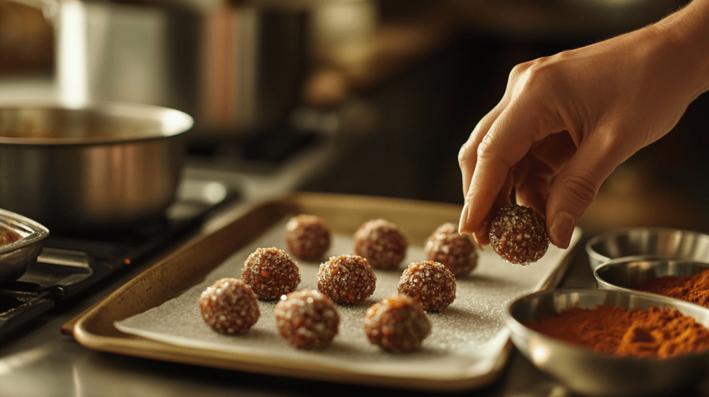 A hand rolling tamarind candy into balls on a parchment-lined tray, with bowls of chili powder and sugar nearby.