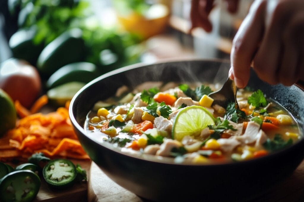 A bowl of caldo de pollo being garnished with fresh lime slices and cilantro, surrounded by tortilla strips and vibrant ingredients.
