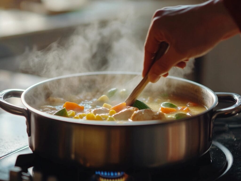 A pot of simmering caldo de pollo, filled with chicken and fresh vegetables, being stirred by a hand, with steam rising from the pot.