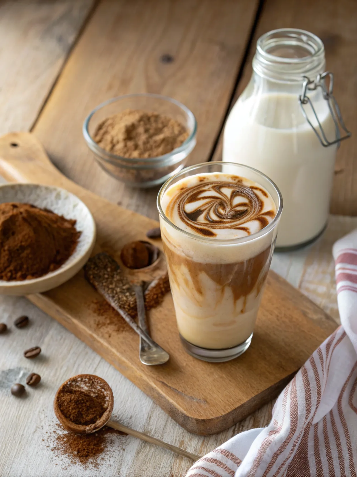 A steaming cup of coffee swirled with homemade Irish cream coffee creamer, displayed on a rustic wooden table.