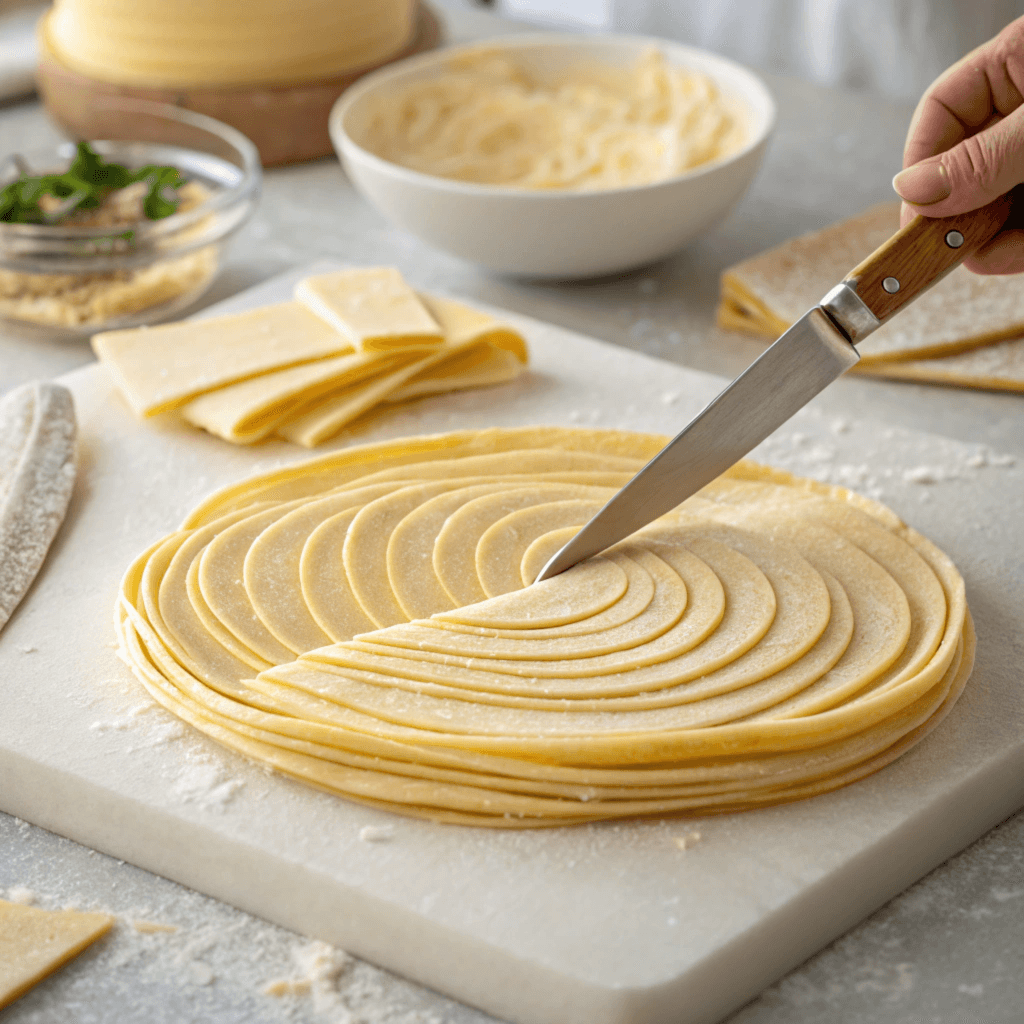  Flattened lacha paratha dough brushed with ghee, sliced for layering.