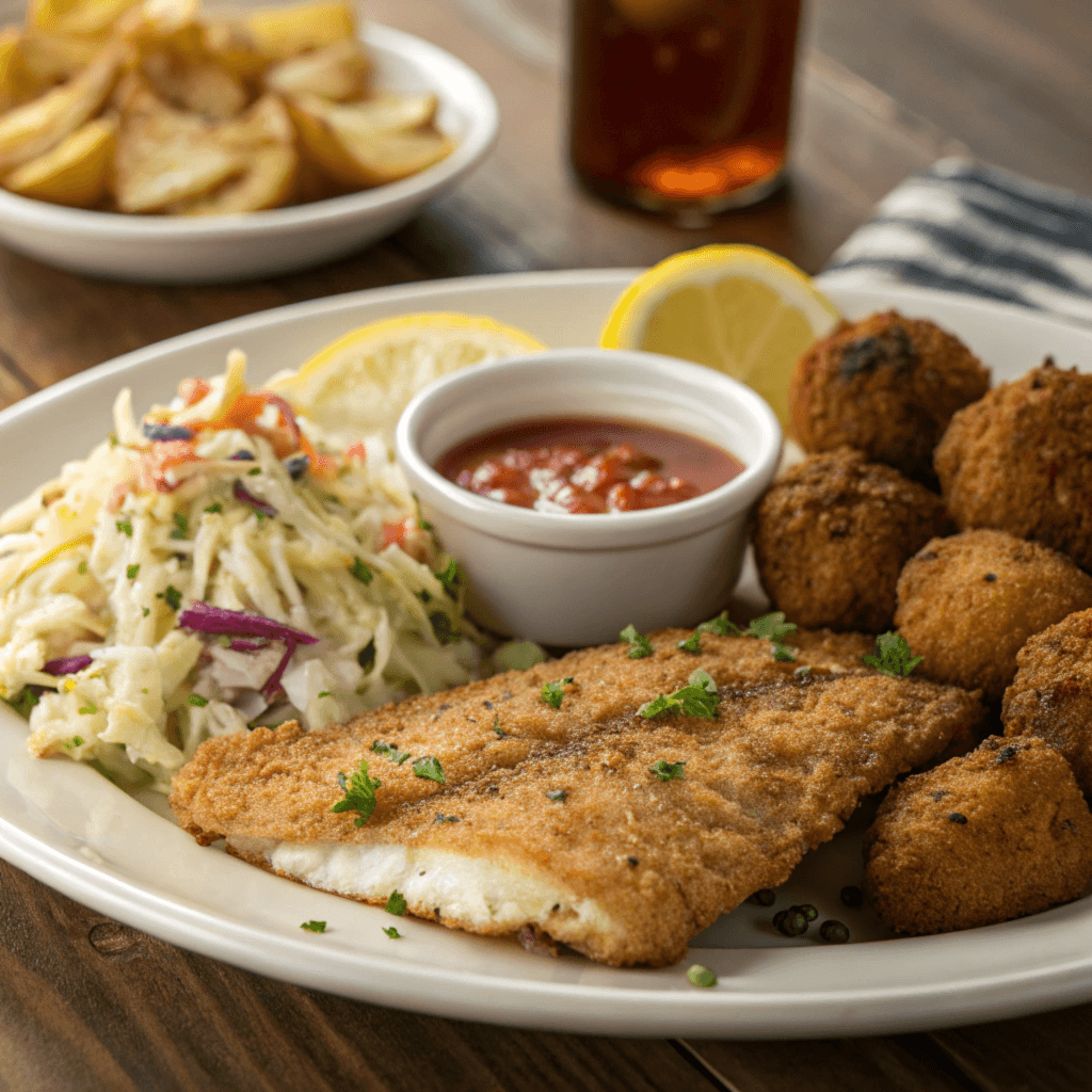 Golden crispy fried fish fillets seasoned with Hillbilly Fish Fry Seasoning, served with tartar sauce and lemon wedges on a rustic wooden table.