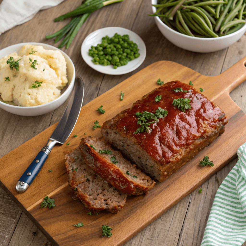 Classic meatloaf with a glossy ketchup glaze, served with mashed potatoes and green beans, placed on a rustic wooden cutting board.