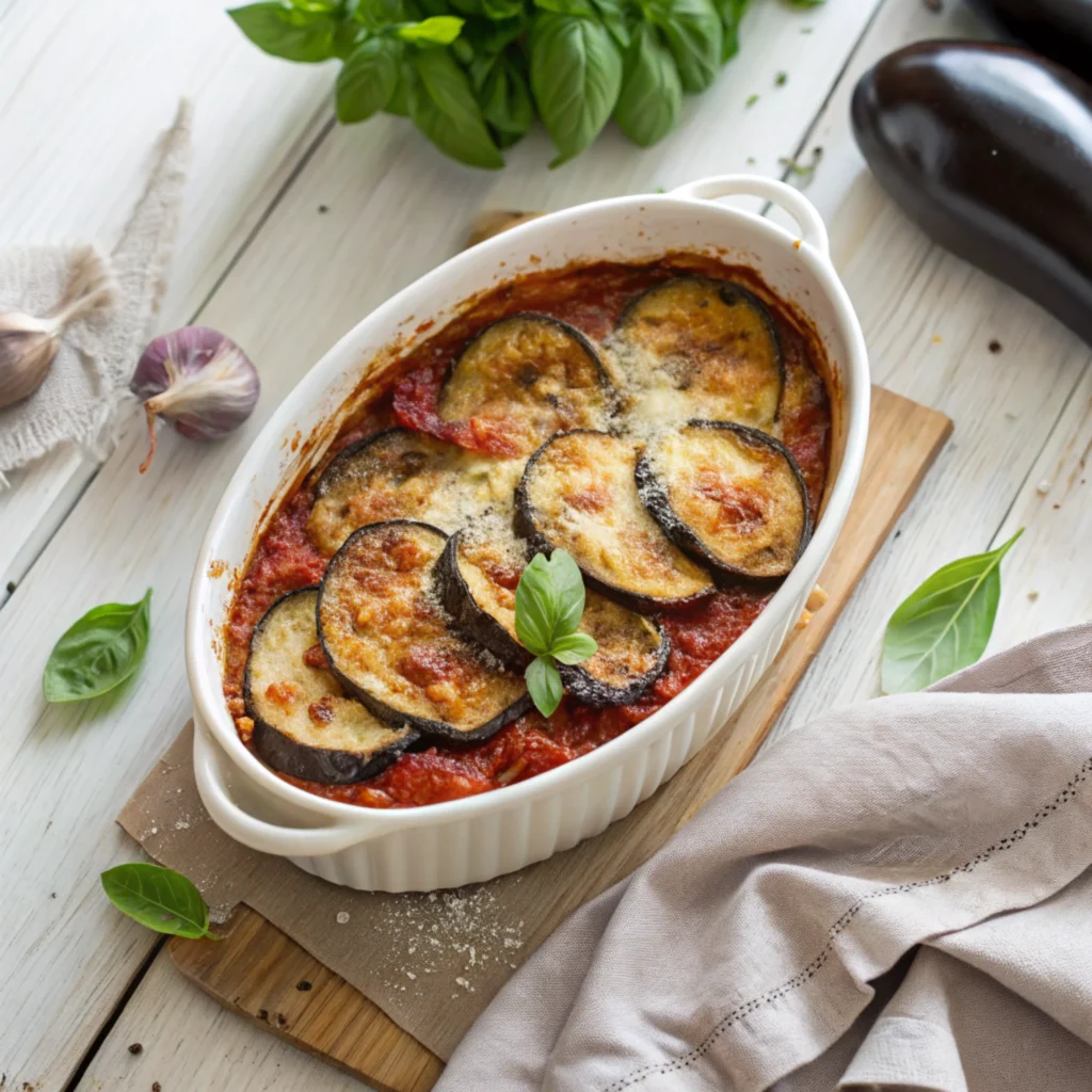 Golden, bubbly eggplant casserole in a rustic white ceramic dish with fresh basil and Parmesan on a wooden table.