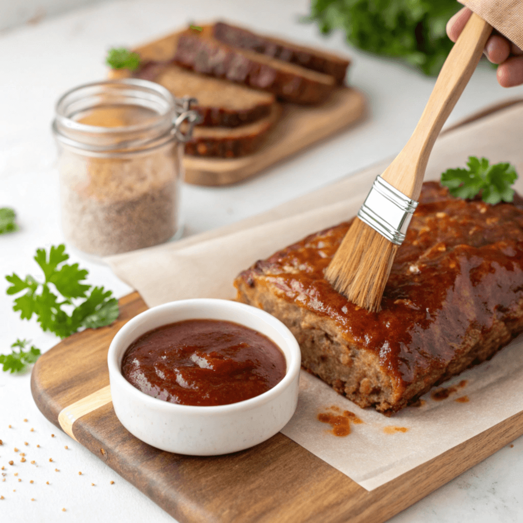 Raw meatloaf mix with ground beef, pork, and veal, topped with herbs and breadcrumbs in a glass mixing bowl.