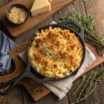Overhead view of smoked mac and cheese in a cast iron skillet with crispy golden topping, garnished with fresh herbs.