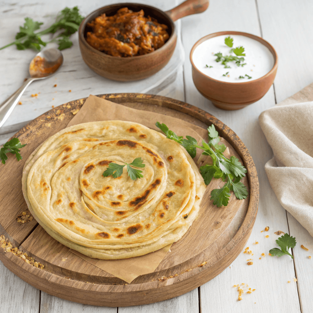 Golden flaky lacha paratha served on a rustic plate with curry and yogurt.