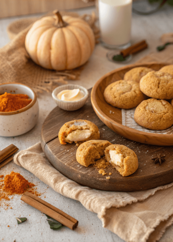 Warm pumpkin cheesecake cookies with creamy filling on a wooden board surrounded by fall spices.