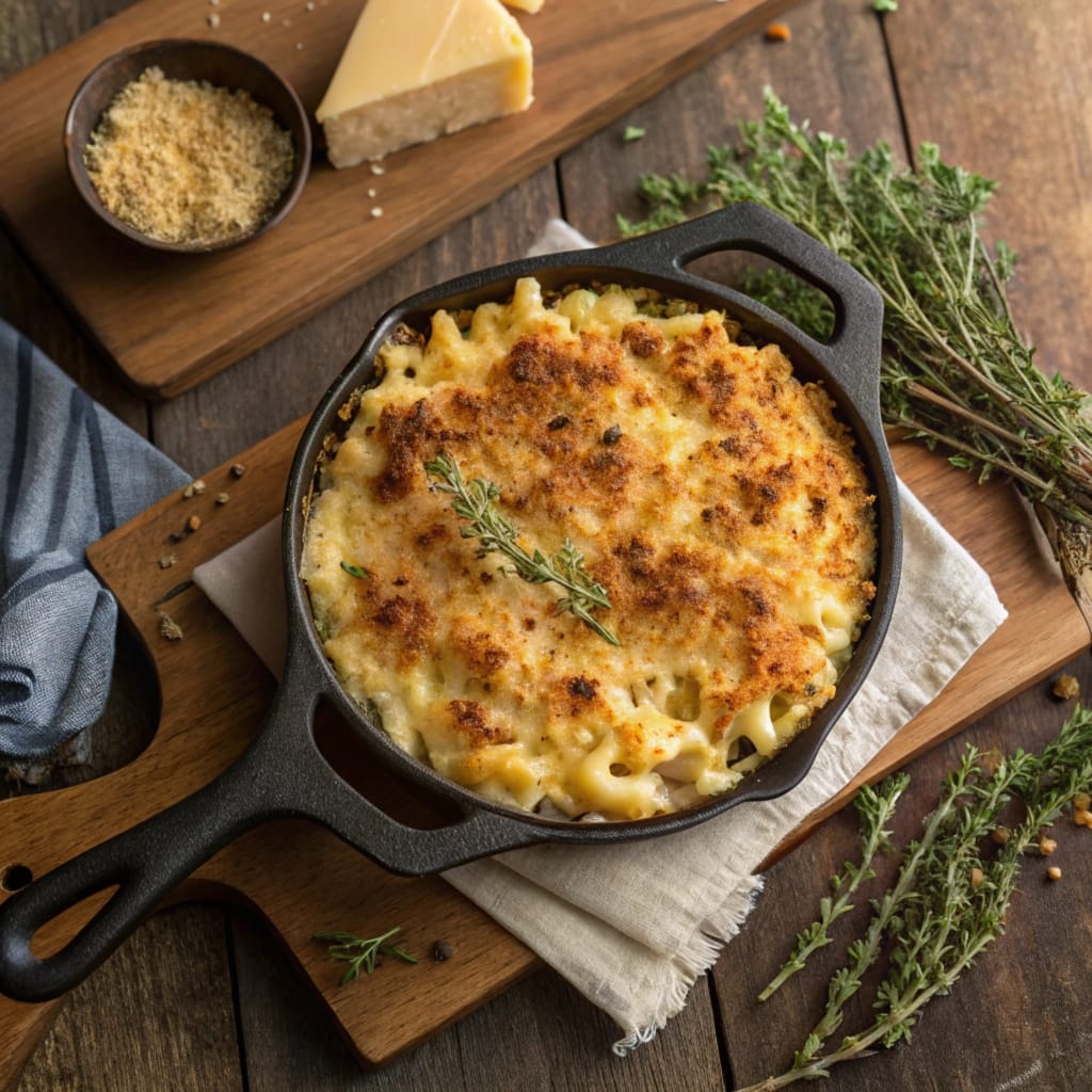 Overhead view of smoked mac and cheese in a cast iron skillet with crispy golden topping, garnished with fresh herbs.