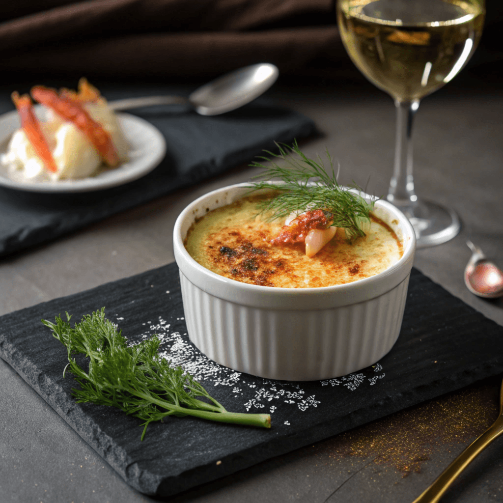 Crab brulee paired with Charleston Red Rice, fresh salad, and crusty bread on a rustic wooden table."