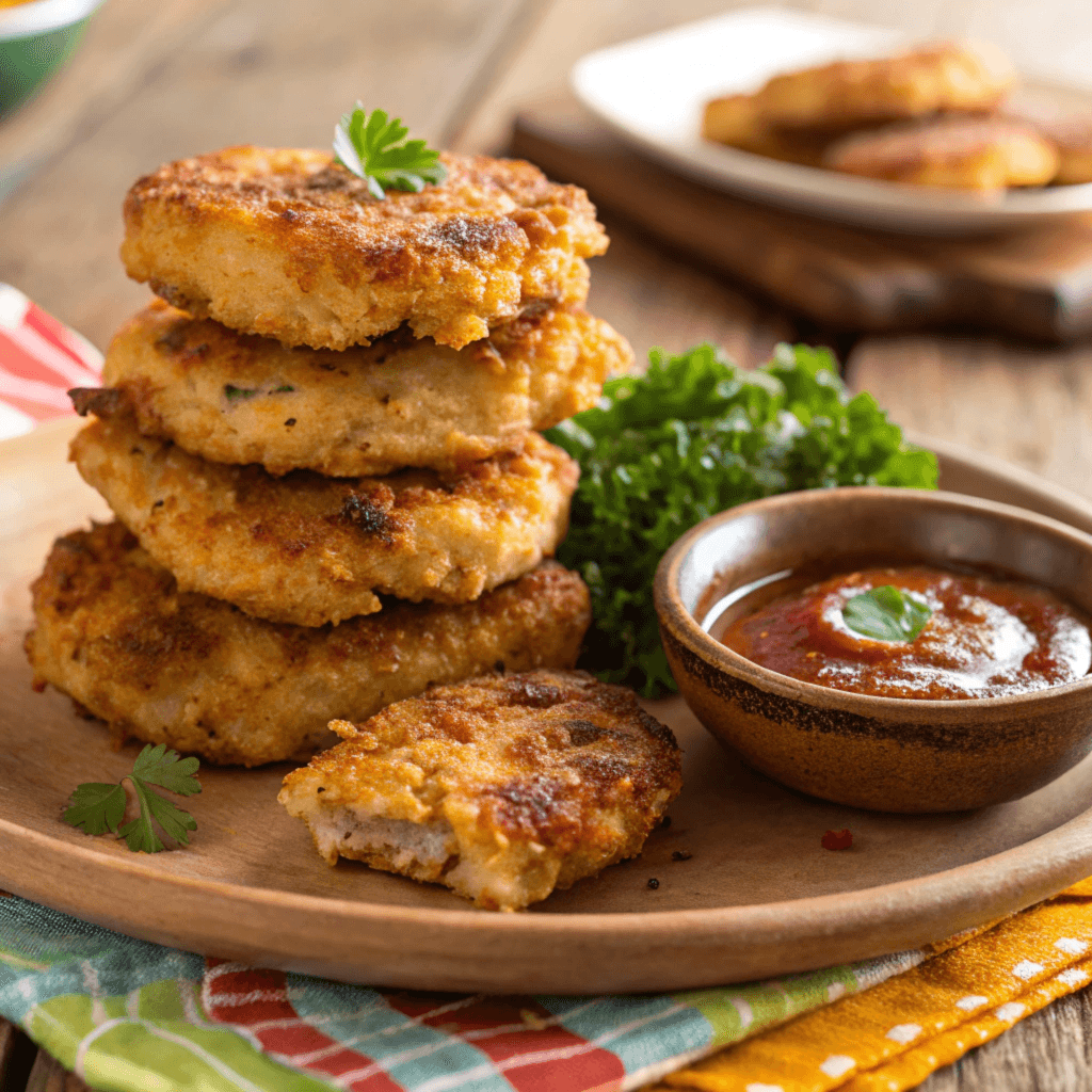 Crispy chicken fritters stacked on a plate with dipping sauce and fresh parsley garnish.