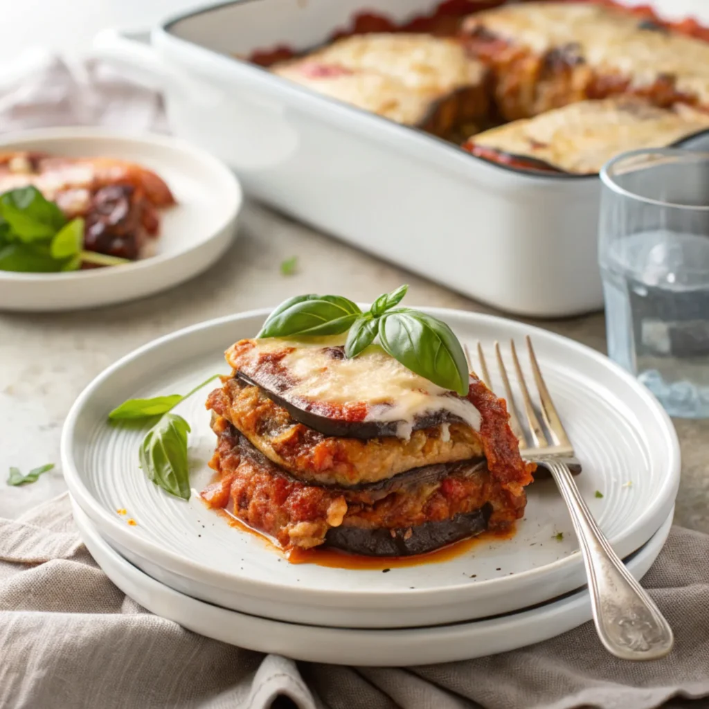 A serving of eggplant casserole with roasted eggplant, tomato sauce, and cheese, garnished with fresh basil on a white plate.