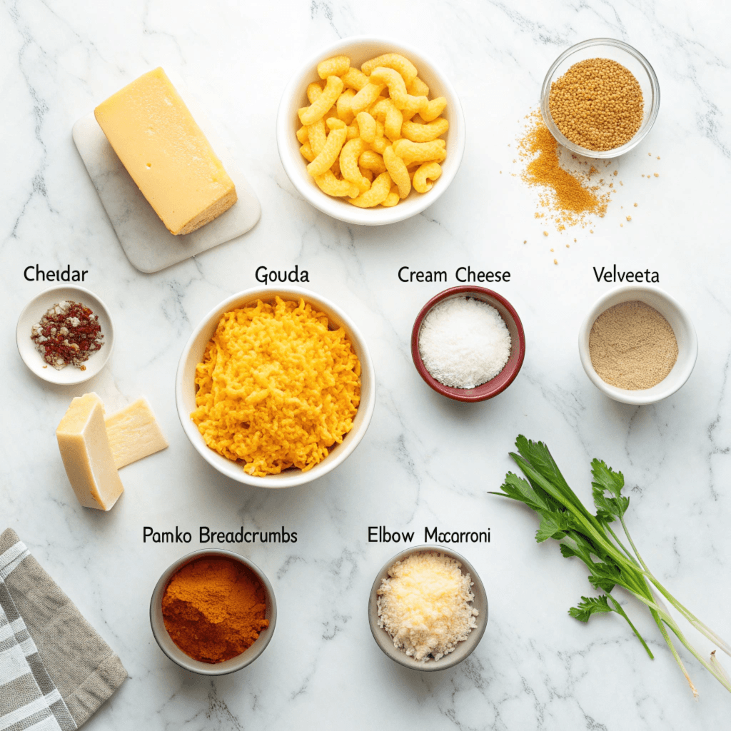 Flat lay of smoked mac and cheese ingredients, including various cheeses, breadcrumbs, and elbow macaroni on a marble counter.