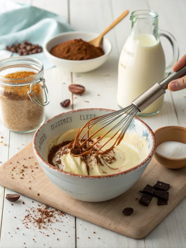 Whisking ingredients for homemade Irish cream coffee creamer, with cocoa powder and extracts blending into a creamy mixture.