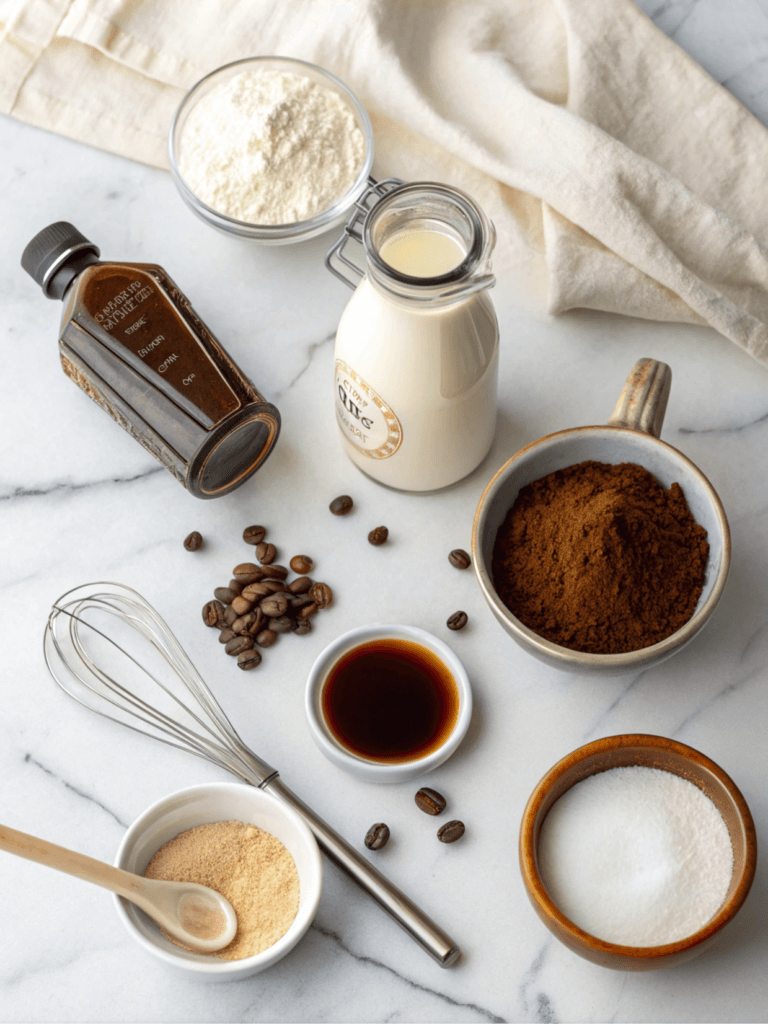 Ingredients for homemade Irish cream coffee creamer, including sweetened condensed milk, cocoa powder, and vanilla extract, arranged on a marble surface.