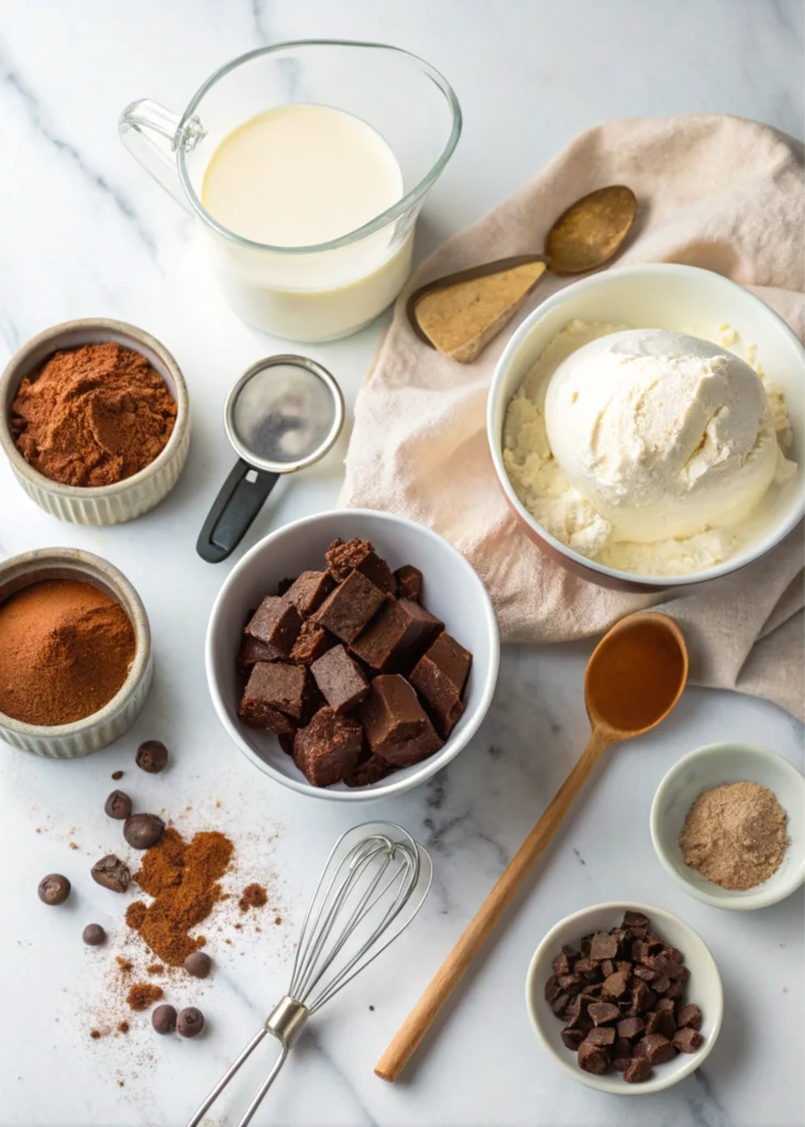 "Close-up of a spoonful of brownie ice cream showing fudgy brownie chunks and creamy texture on a marble countertop."