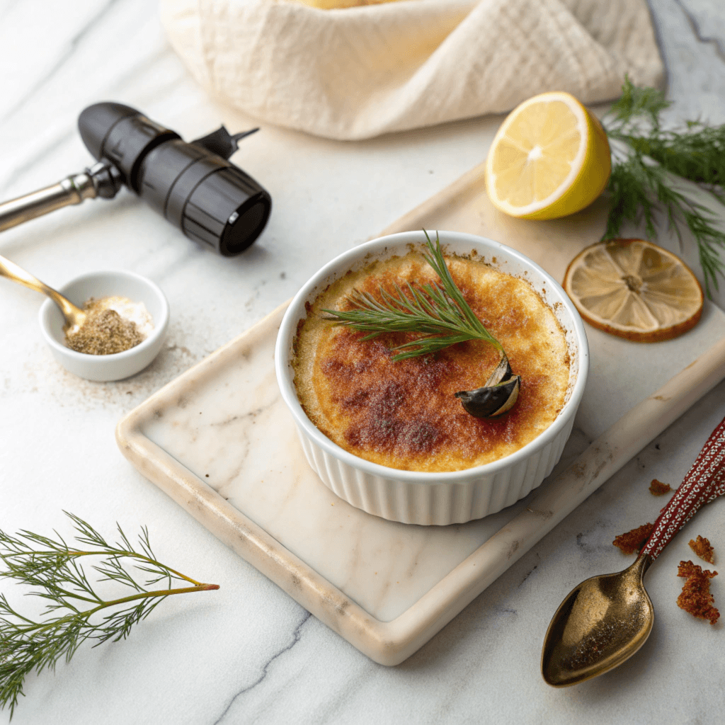 "Golden crab brulee served in a ramekin with caramelized sugar crust, garnished with fresh dill and a lemon wedge, placed on a marble surface."