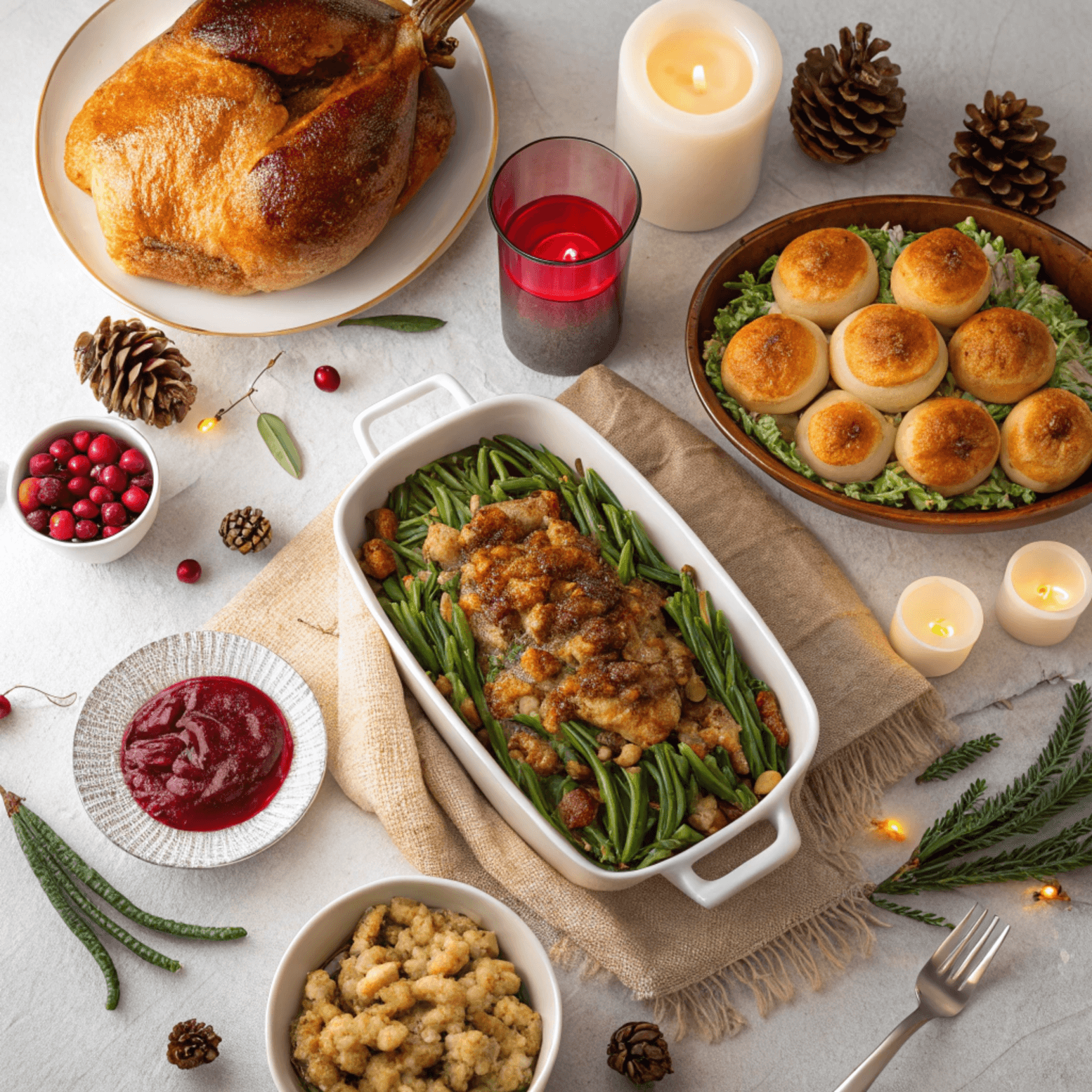 Overhead view of a Campbell’s green bean casserole topped with crispy fried onions, served in a white dish on a rustic wooden table with holiday decor.