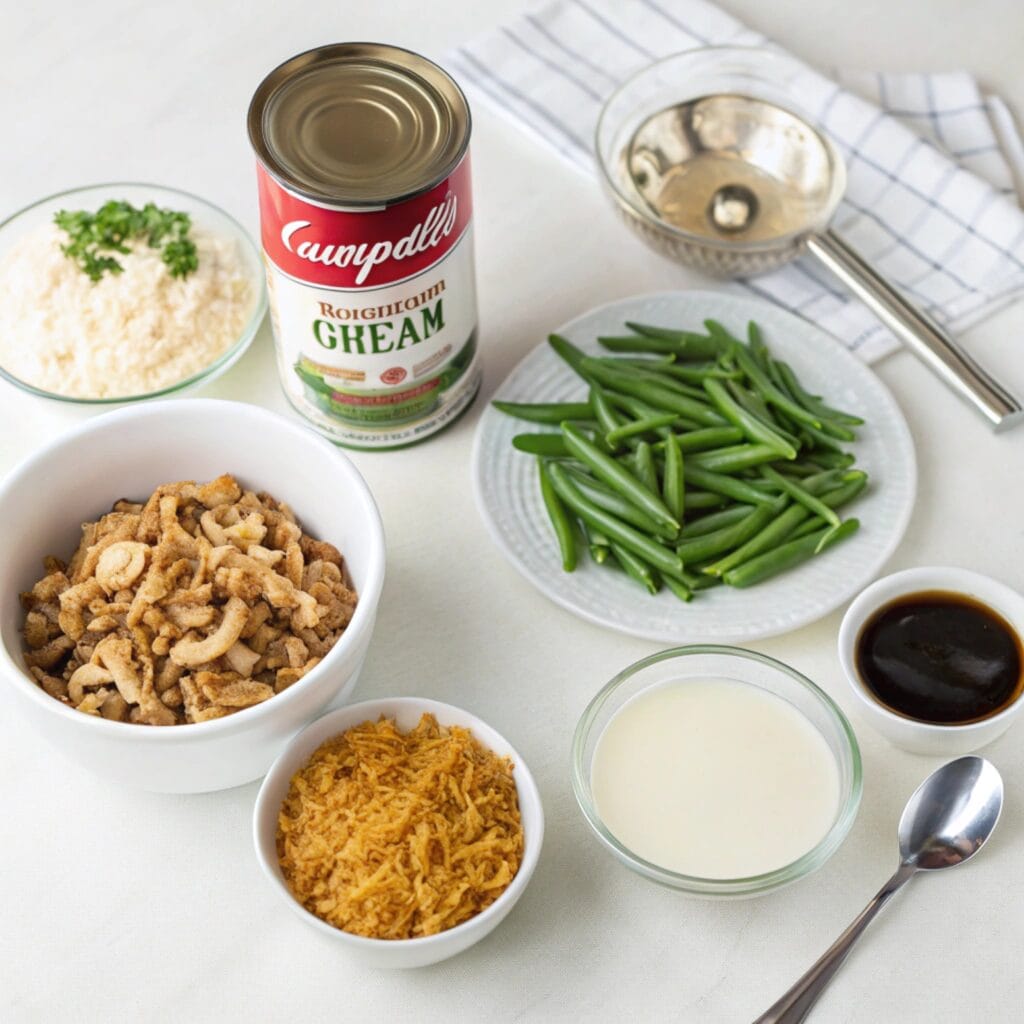  Ingredients for Campbell’s green bean casserole, including cream of mushroom soup, fresh green beans, crispy fried onions, milk, and soy sauce, arranged on a white countertop.