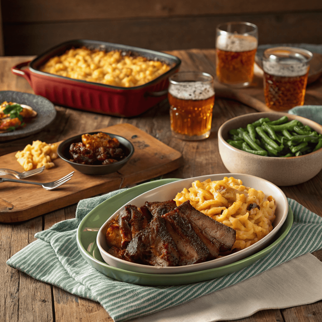 A serving of smoked mac and cheese alongside BBQ brisket and green bean casserole on a rustic table setting.