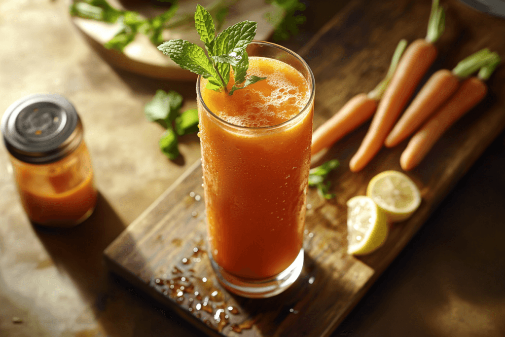 A refreshing glass of carrot juice with a mint sprig, surrounded by fresh carrots, a blender jar, and a lemon wedge on a wooden tray.