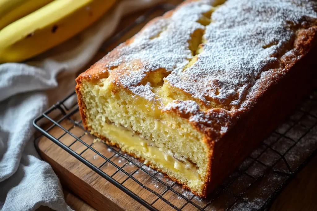 A selection of ingredients for banana bread: ripe bananas, sugar, flour, eggs, vanilla extract, and a wooden spoon arranged neatly on a kitchen counter."