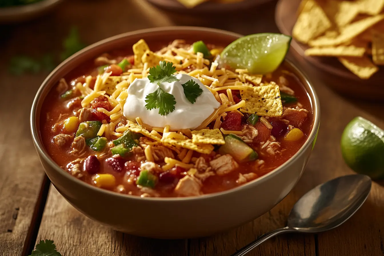 A close-up shot of Chicken Taco Soup Frios with Fritos, cheese, and sour cream, garnished with fresh cilantro and lime wedges.