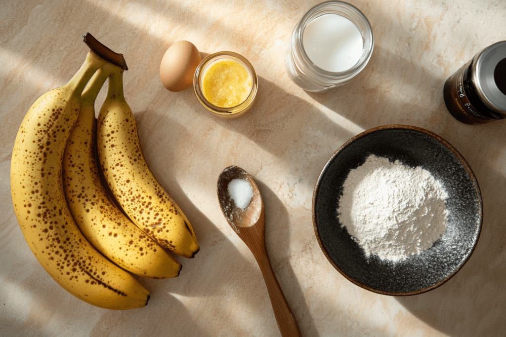 "Close-up of mashed bananas being mixed into a bowl for banana bread, with a hand stirring the batter."