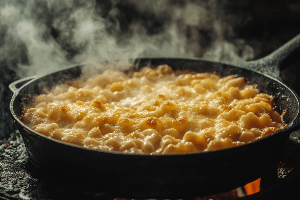  Close-up of smoked mac and cheese bubbling inside a smoker, with smoke rising for a rich and flavorful look.