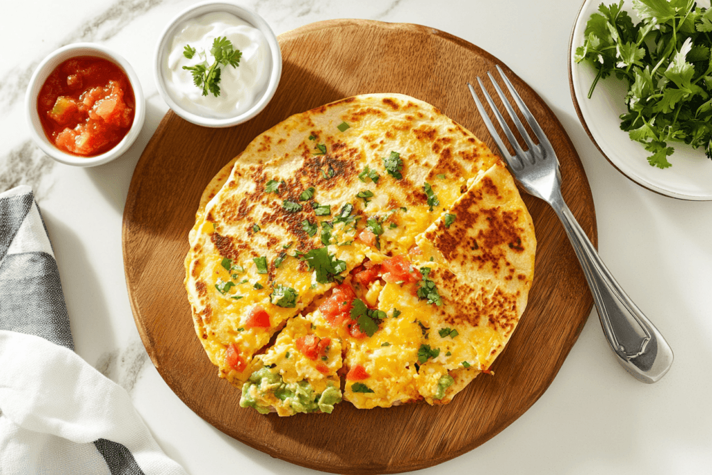 Breakfast quesadilla with eggs, cheese, and peppers, served with salsa and guacamole on a wooden board.